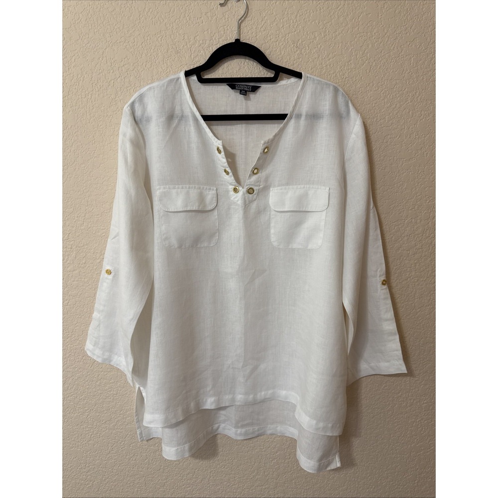Company by Ellen Tracy 100% LINEN Top Shirt Tunic White Gold Accents Sz 2XL